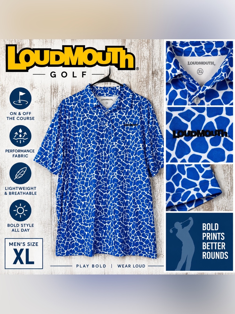 Loudmouth Golf Blue Giraffe Print Performance Polo Shirt Men’s XL